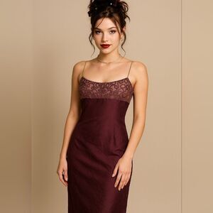 Vintage Laundry By Shelli Segal 1995 Embroidered Leaf Formal Burgundy Dress 10